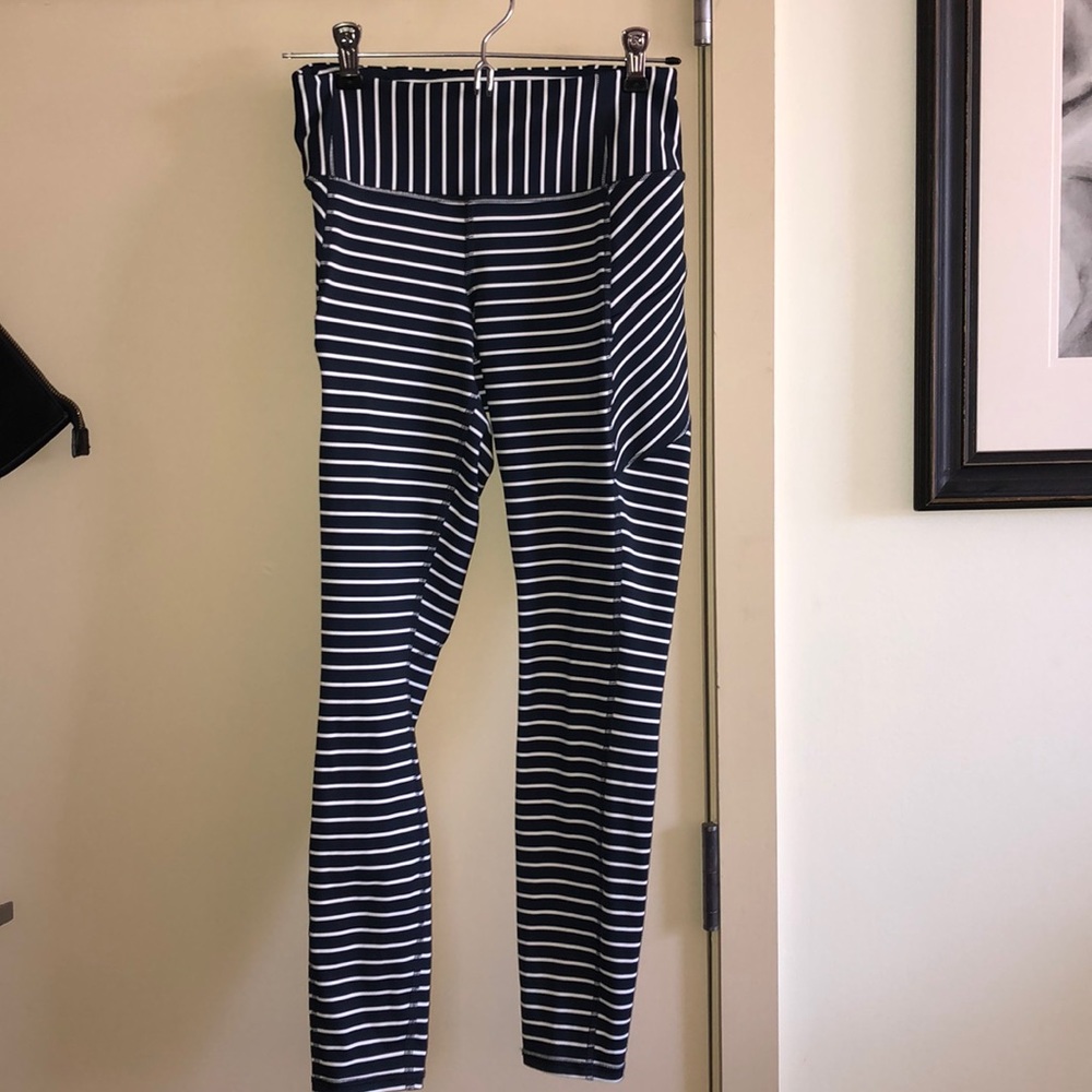 Athleta blue and white striped leggings